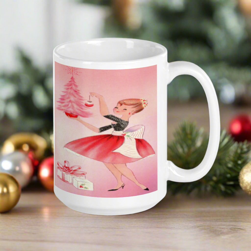 Pink Christmas Lady Housewife With Tree Midcentury Retro Christmas Glossy Coffee Mug