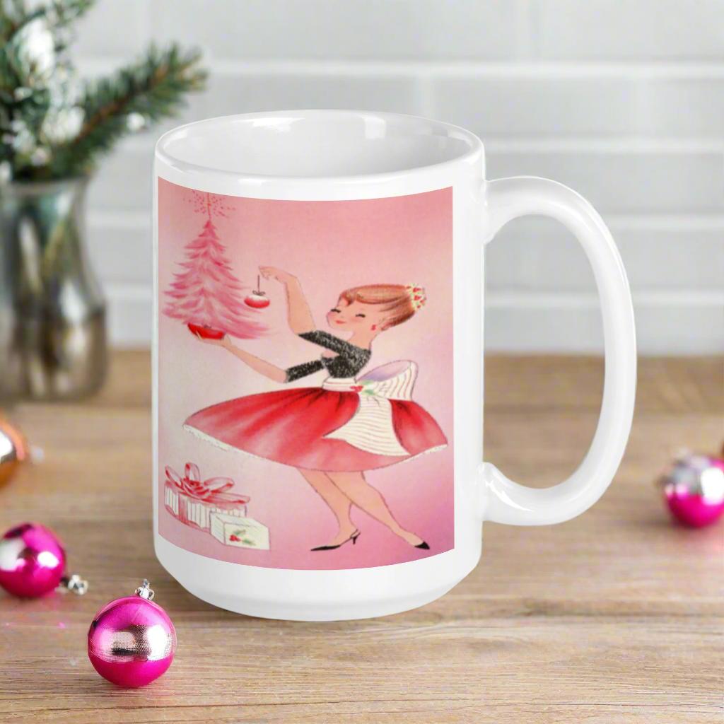 Pink Christmas Lady Housewife With Tree Midcentury Retro Christmas Glossy Coffee Mug