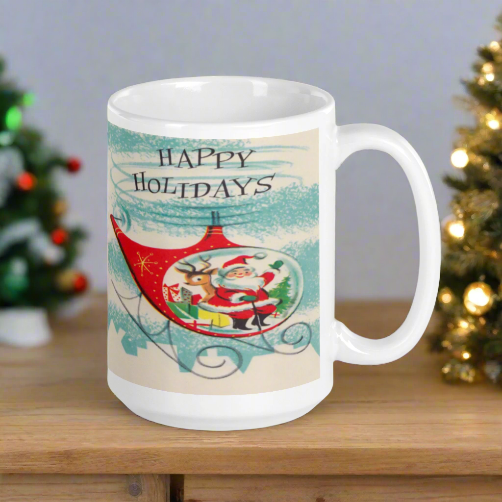 Happy Holidays Santa In Helicopter Mid Century Retro Christmas Print Glossy Mug