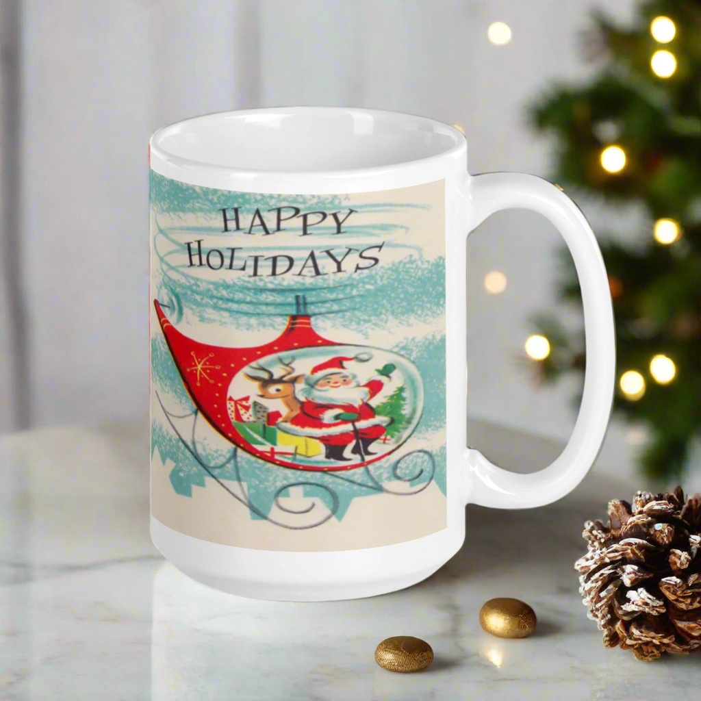 Happy Holidays Santa In Helicopter Mid Century Retro Christmas Print Glossy Mug