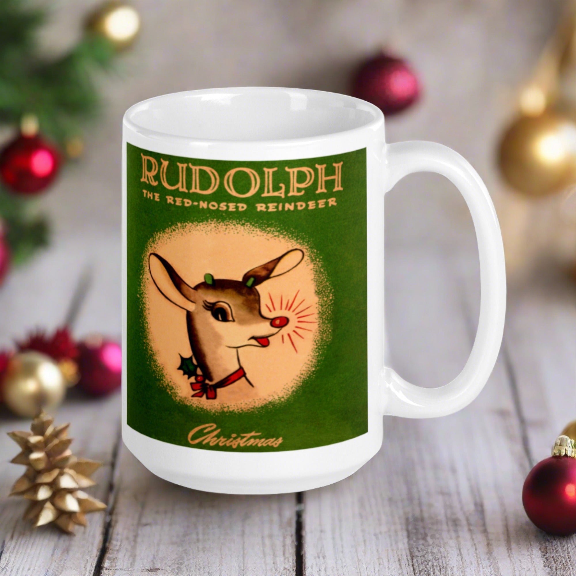 Rudolph The Red Nosed Reindeer Christmas Mid Century Retro Christmas Print Glossy Mug