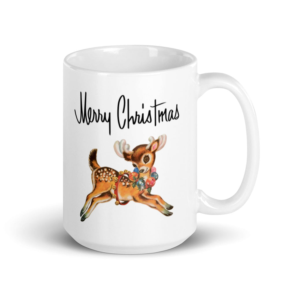 Merry Christmas Reindeer Mid Century Retro Christmas Print Glossy Mug