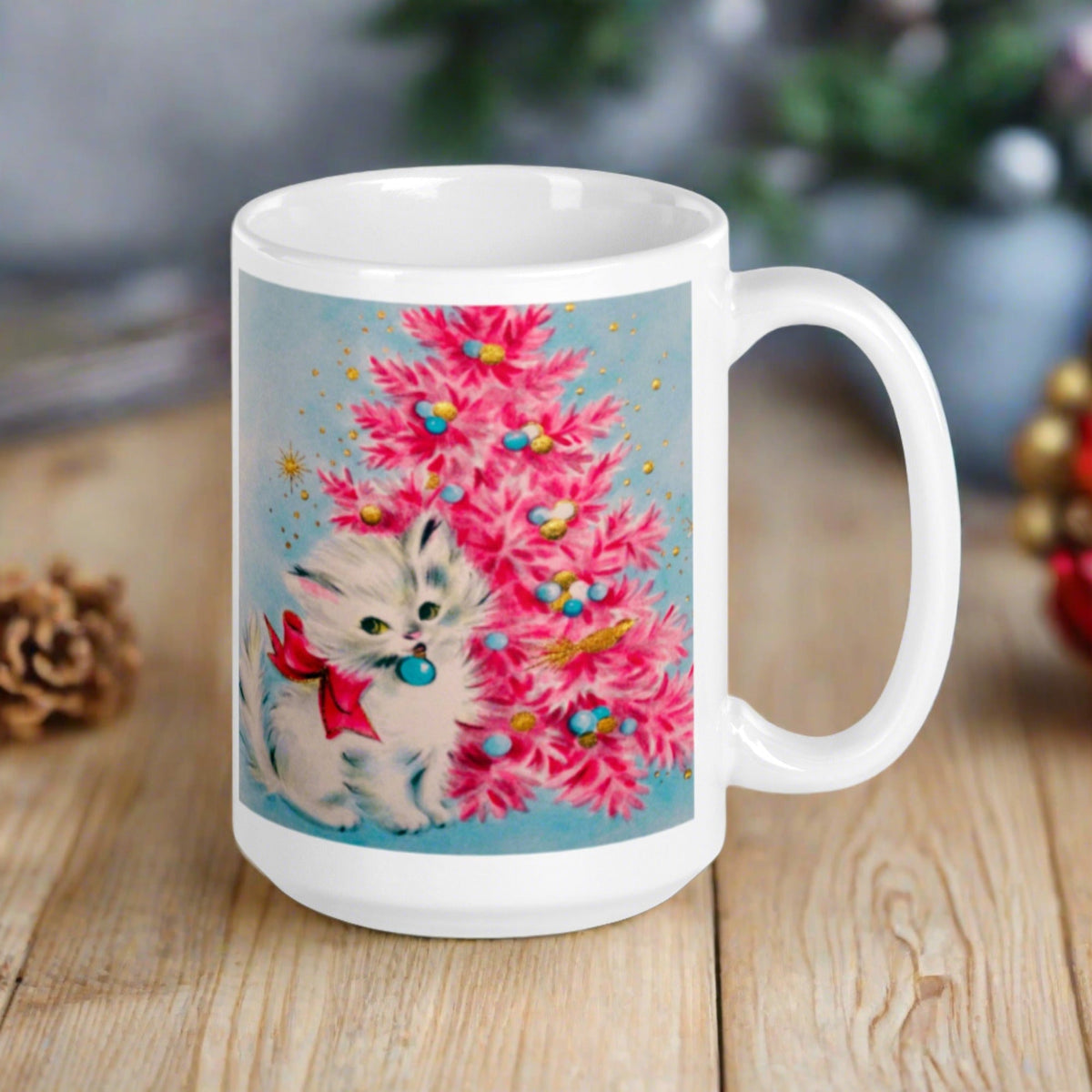 Christmas Kitten Pink Christmas Tree Mid Century Retro Christmas Print Glossy Mug