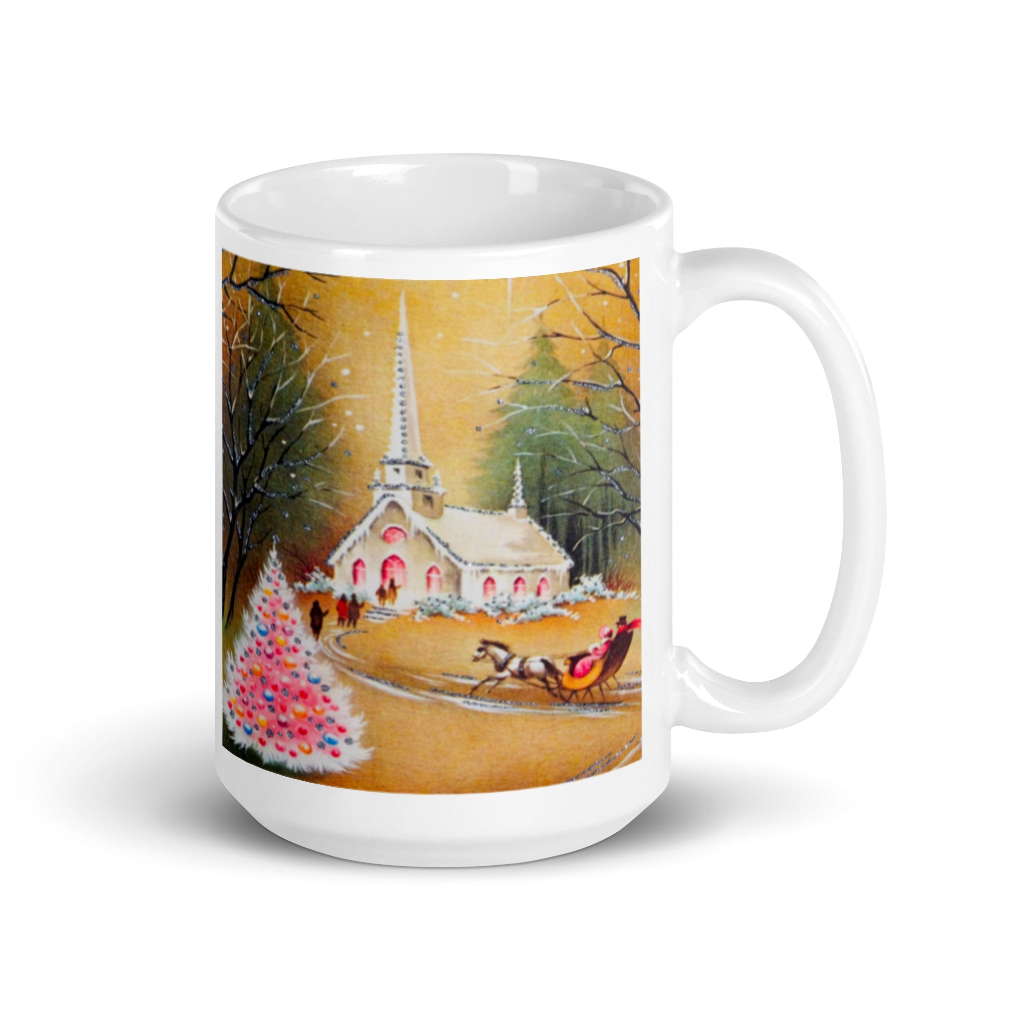 Winter Church Pink Tree Mid Century Retro Christmas Print Glossy Mug
