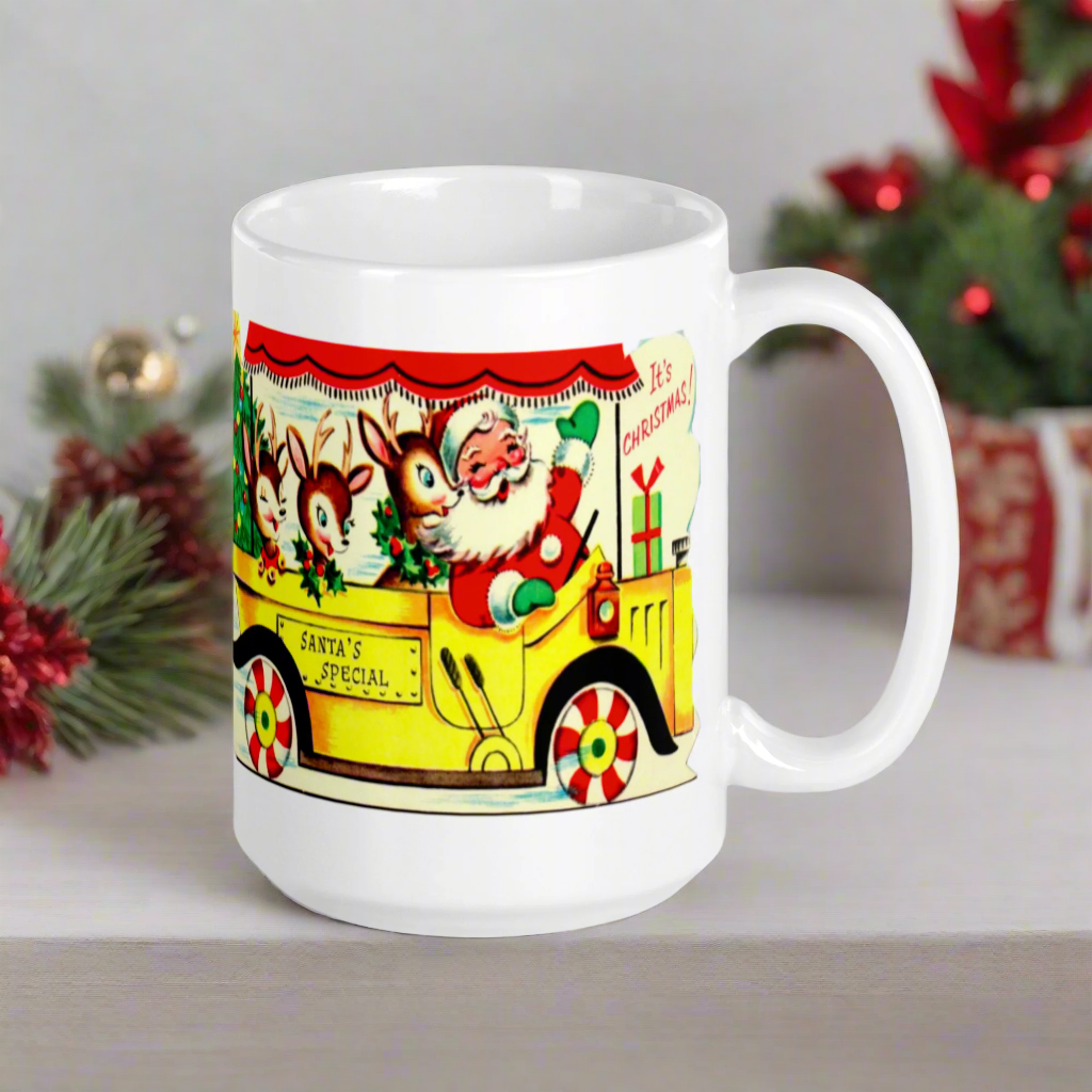 Santa And Reindeer In Bus Mid Century Retro Christmas Print Glossy Mug