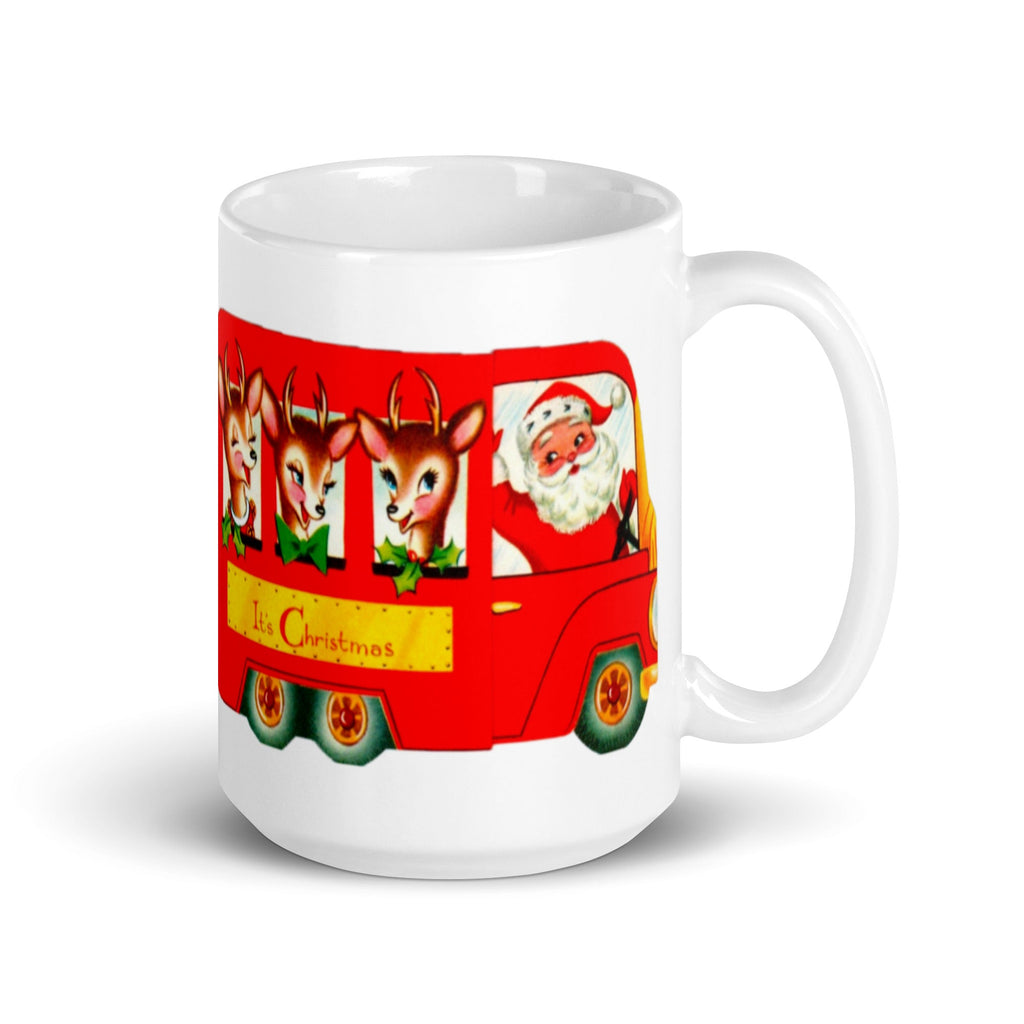 It’s Christmas Santa Reindeer Bus Mid Century Retro Christmas Print Glossy Mug