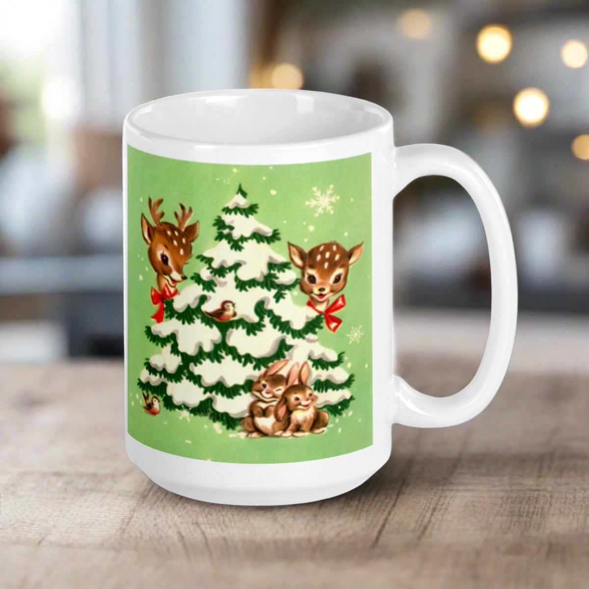 Reindeer In Snowy Tree With Bunnies And Birds Green Mid Century Retro Christmas Print Glossy Mug