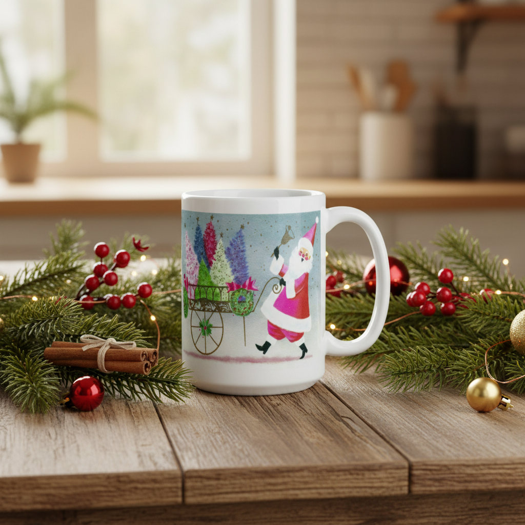 Santa Ringing Bell Mid Century Retro Christmas Print Glossy Mug