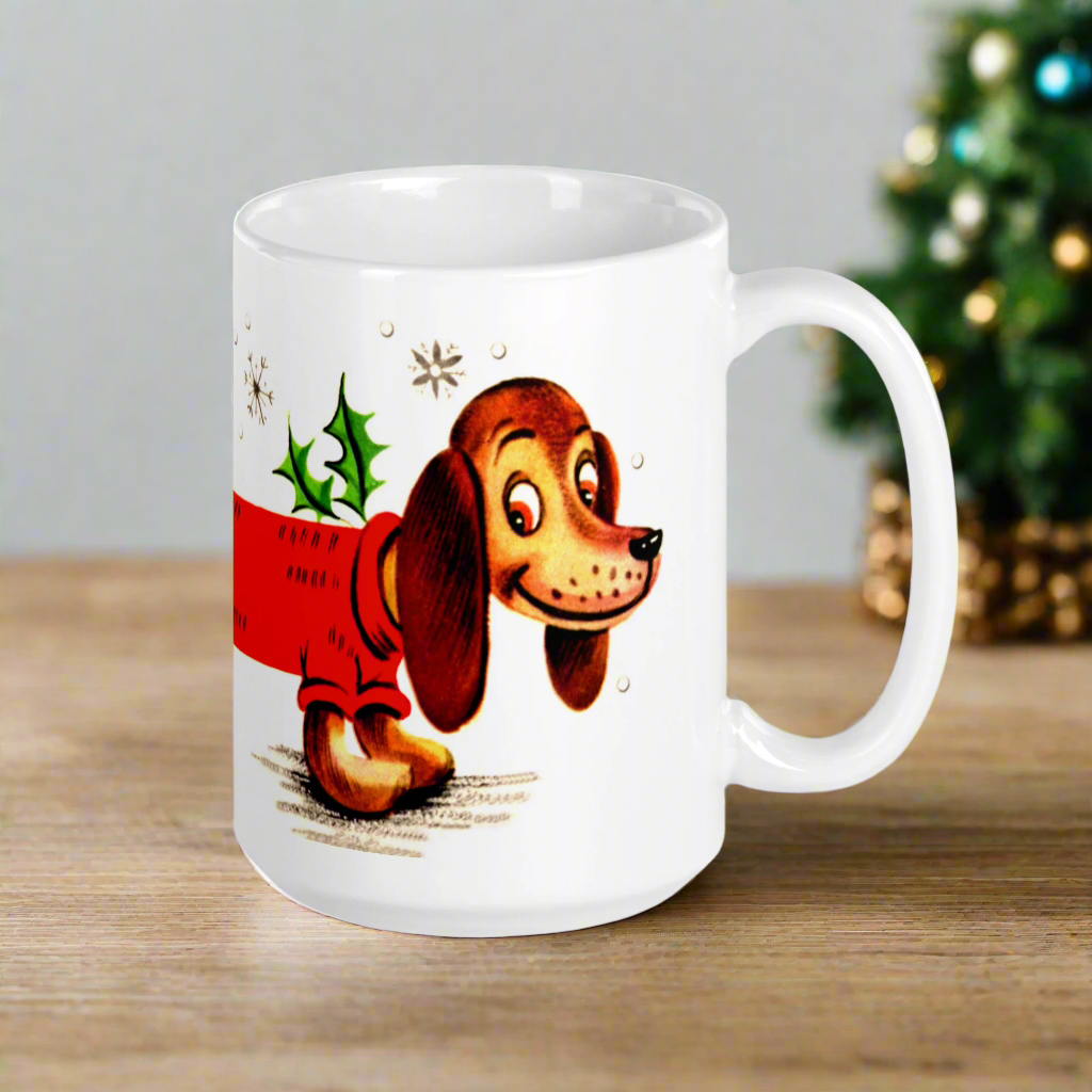 Christmas Dachshund Mid Century Retro Christmas Print Glossy Mug