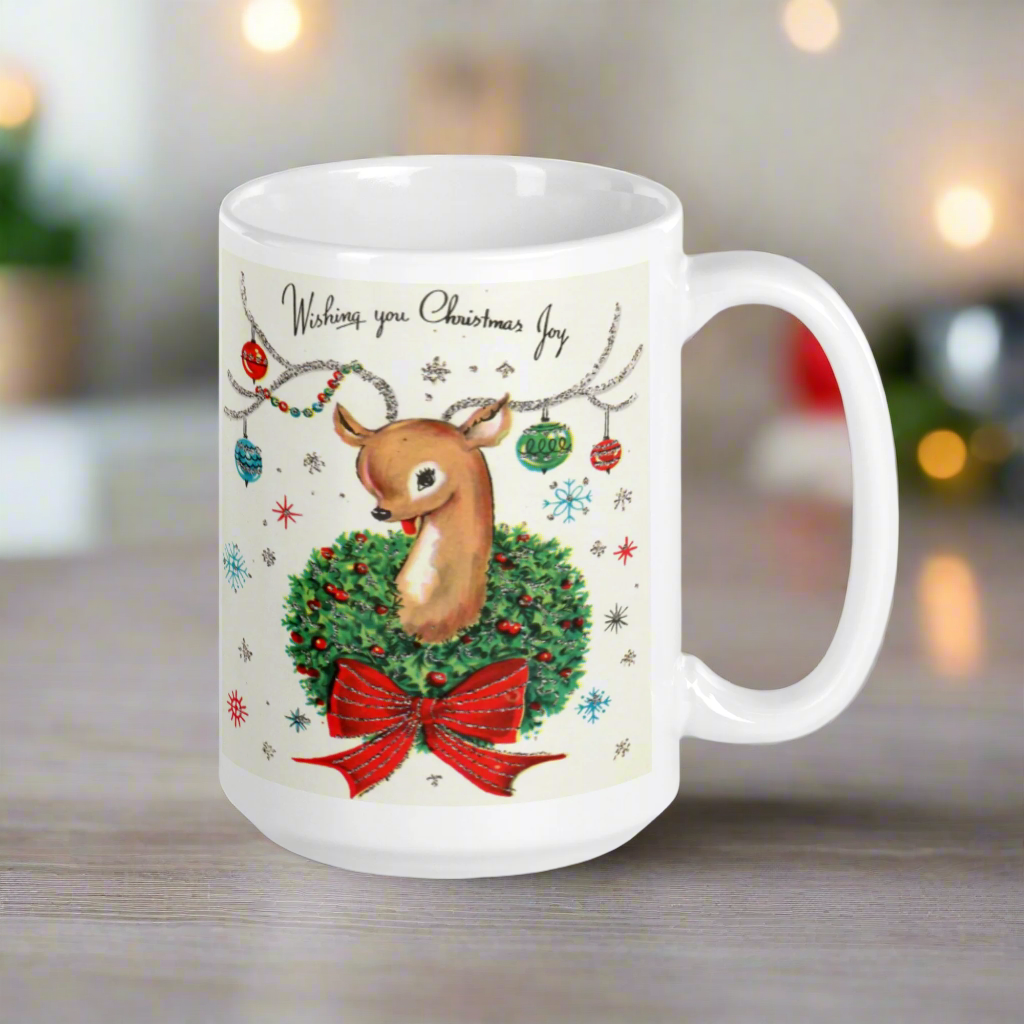 Wishing You Christmas Joy Reindeer With Ornaments Midcentury Retro Christmas Glossy Coffee Mug