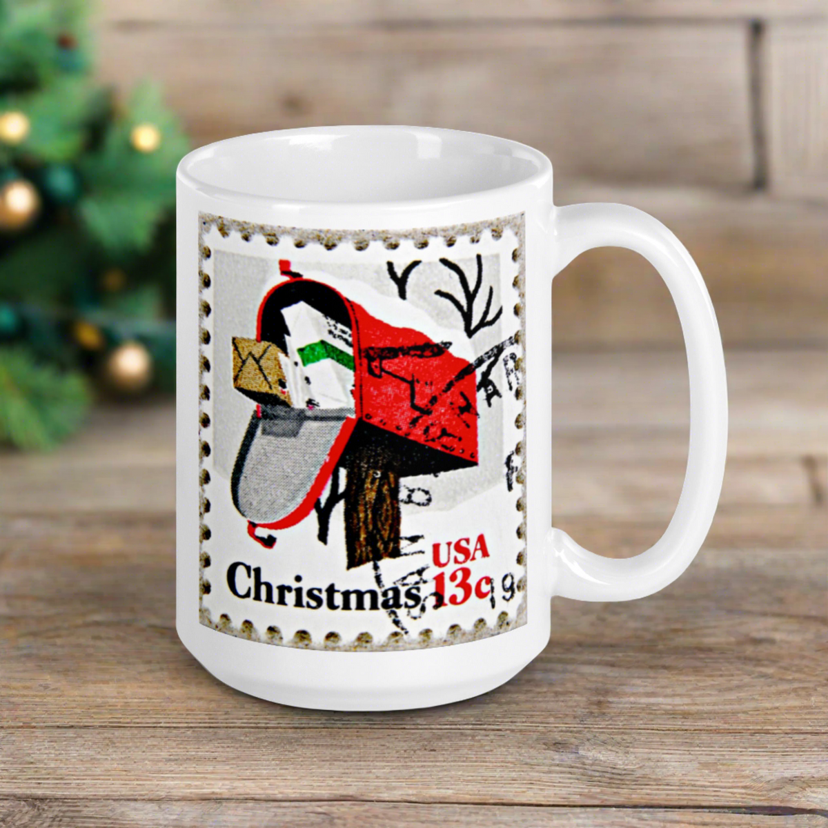 Christmas Stamp Mailbox Retro Christmas Print Glossy Mug