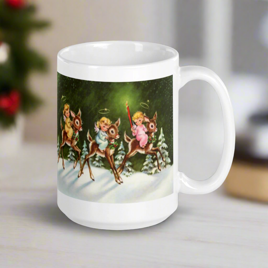 Angels And Reindeer Mid Century Retro Christmas Print Glossy Mug