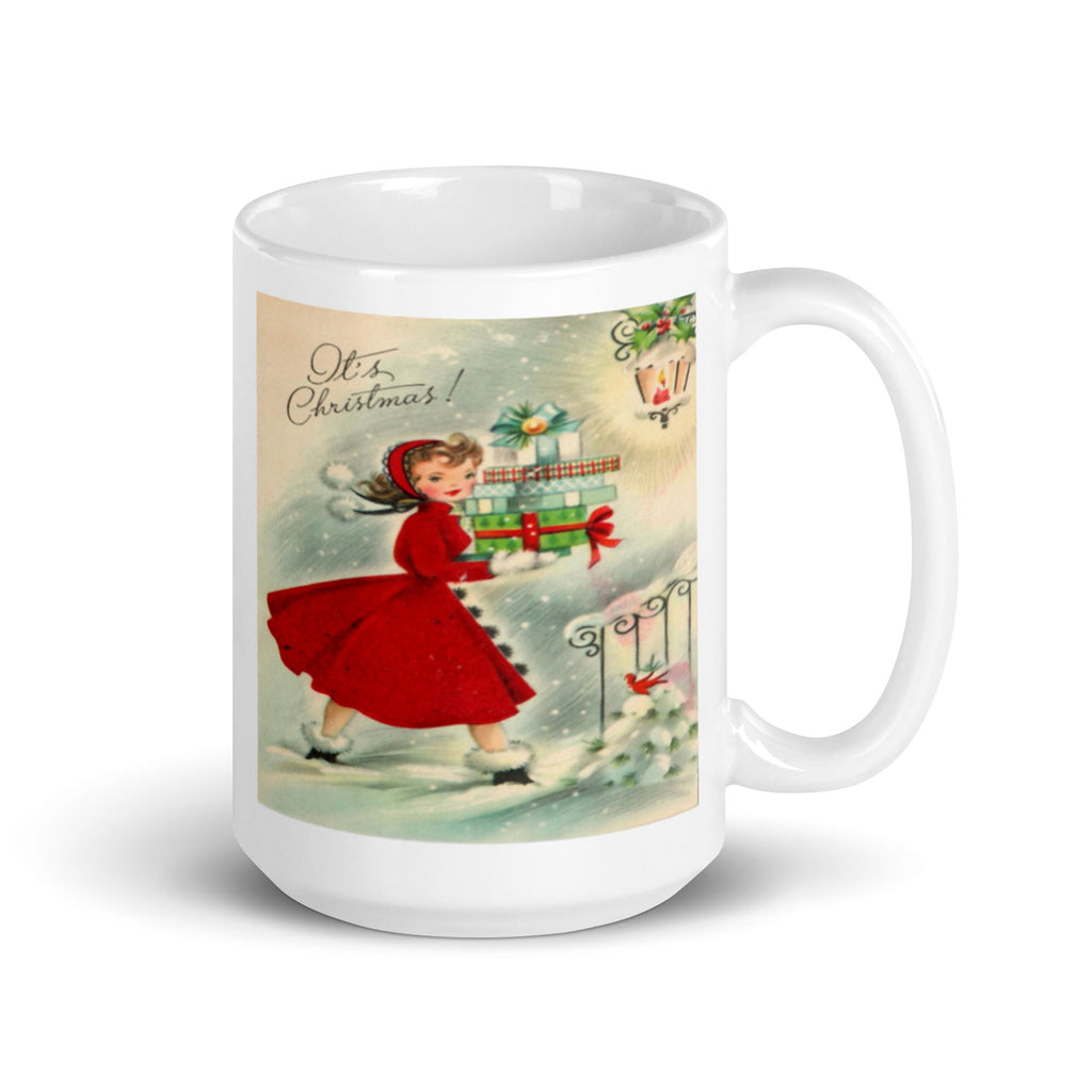 It's Christmas! Girl With Presents Mid Century Retro Christmas Print Glossy Mug