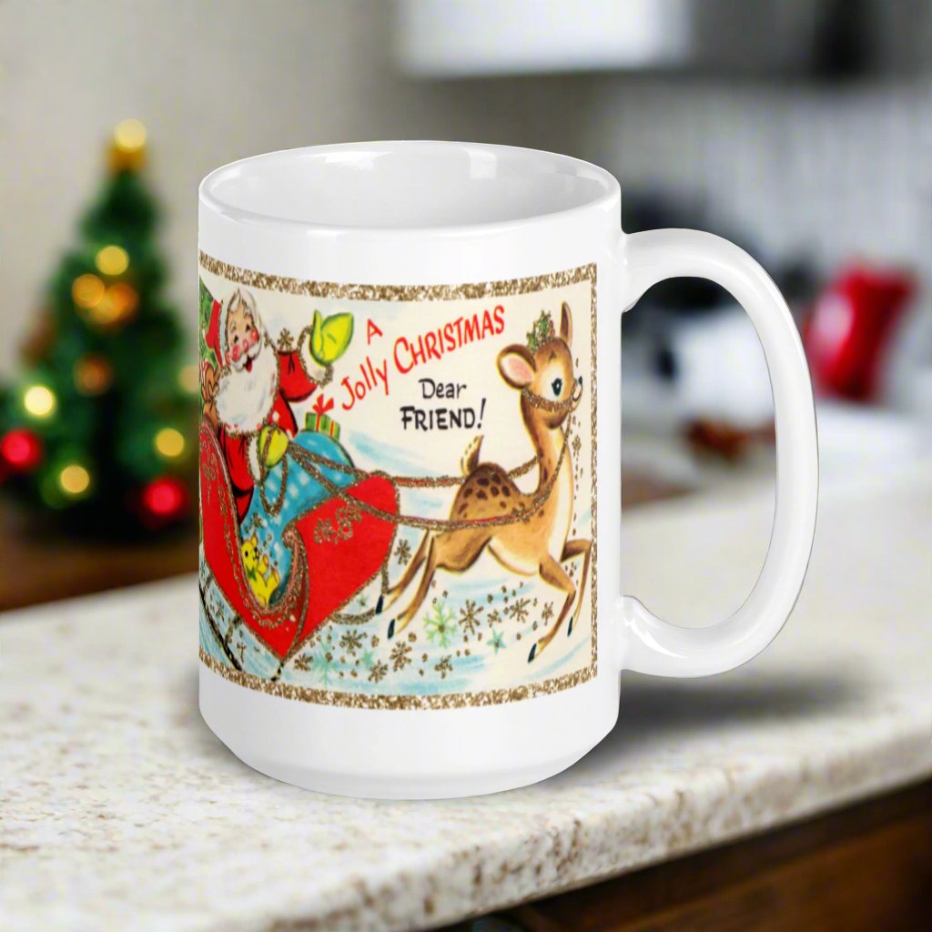 A Jolly Christmas Dear Friend Santa Reindeer Retro Christmas Glossy Mug