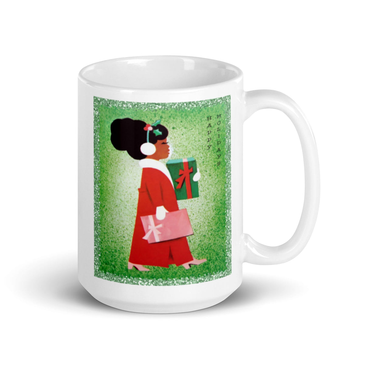 Happy Holidays Christmas Lady With Presents Mid Century Retro Christmas Print Glossy Mug