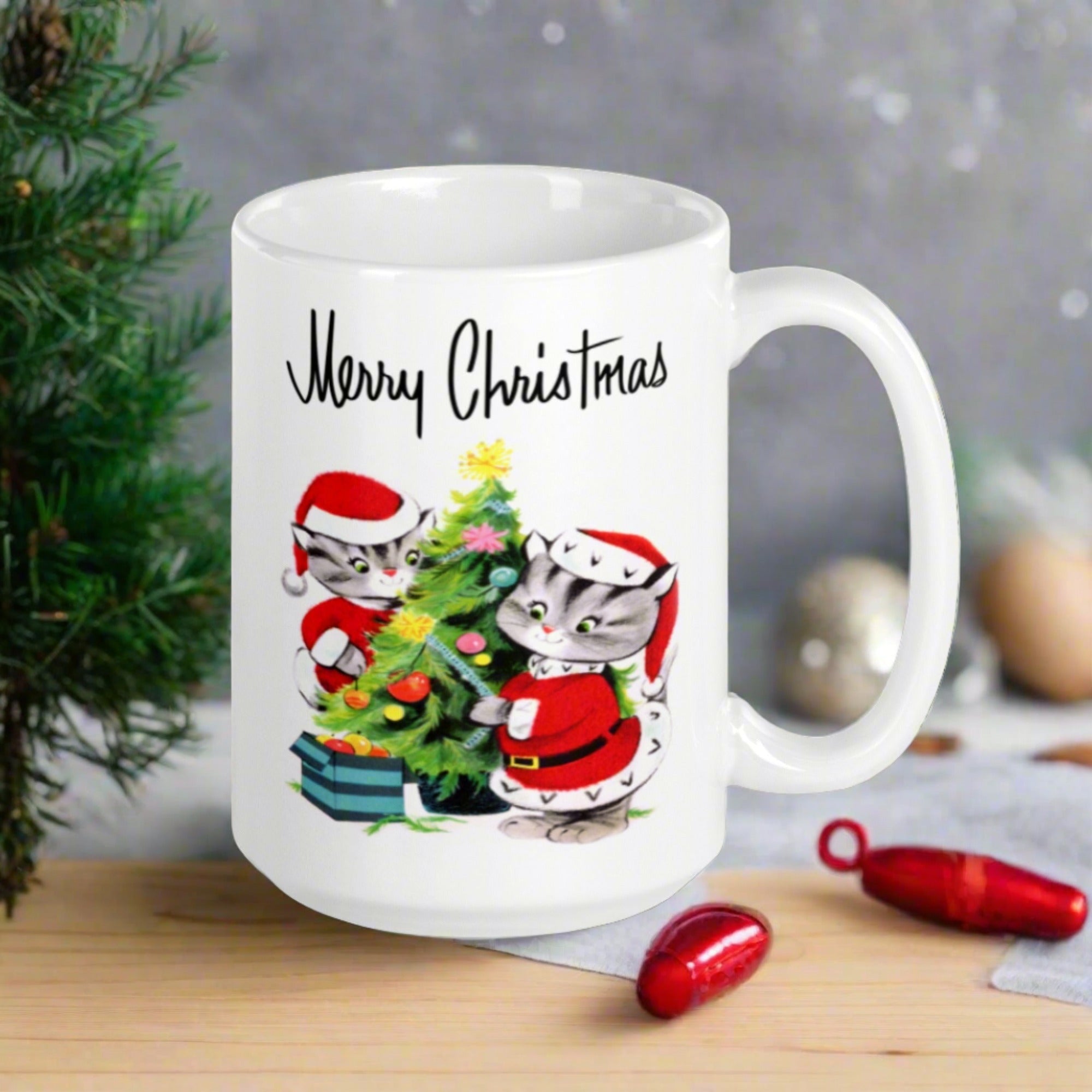Merry Christmas Santa Christmas Cats Decorating Tree Mid Century Retro Christmas Print Glossy Mug