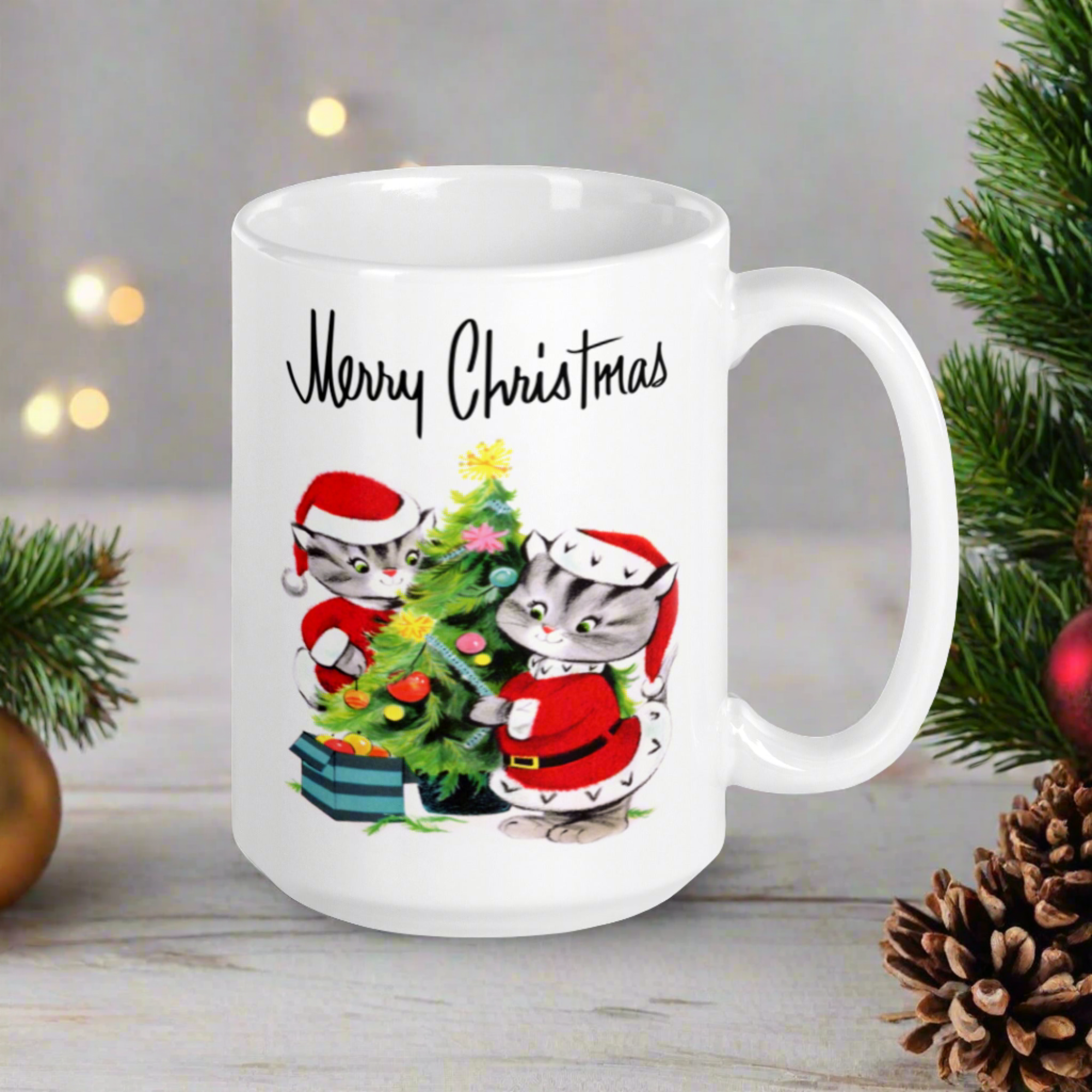 Merry Christmas Santa Christmas Cats Decorating Tree Mid Century Retro Christmas Print Glossy Mug