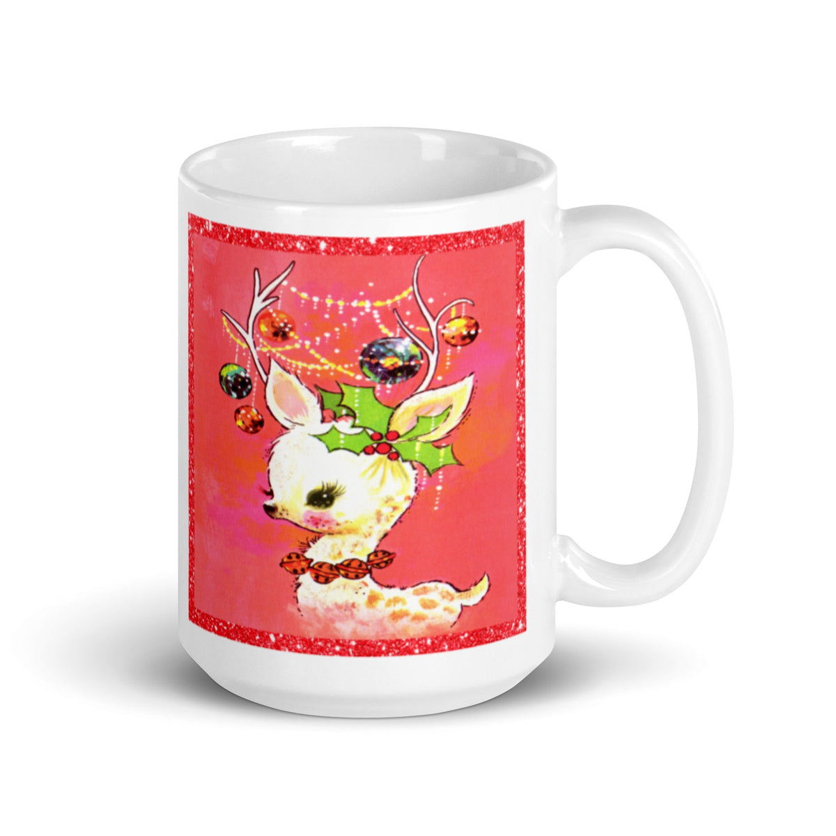 Reindeer With Ornaments Mid Century Retro Christmas Print Glossy Mug