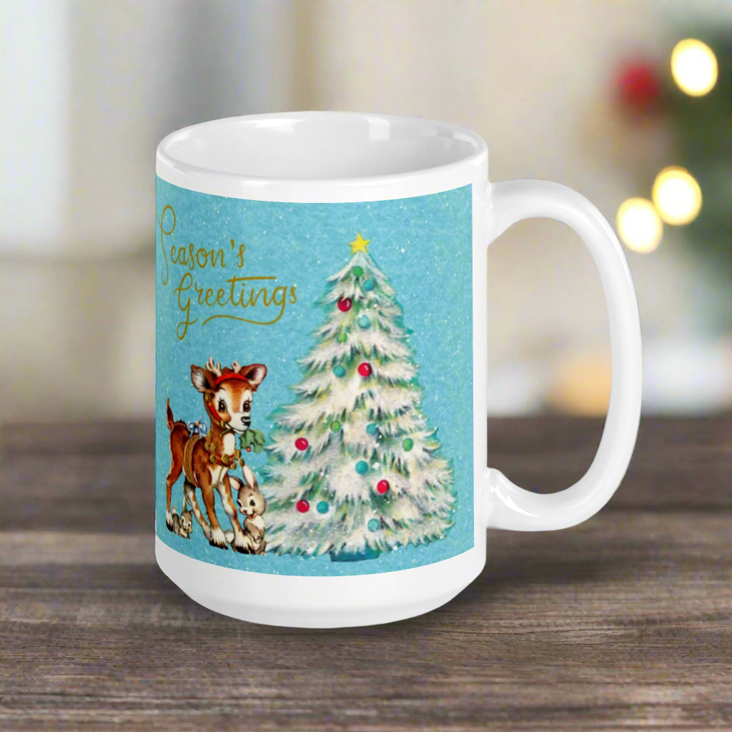 Seasons Greetings Reindeer Bunnies Retro Christmas Mug