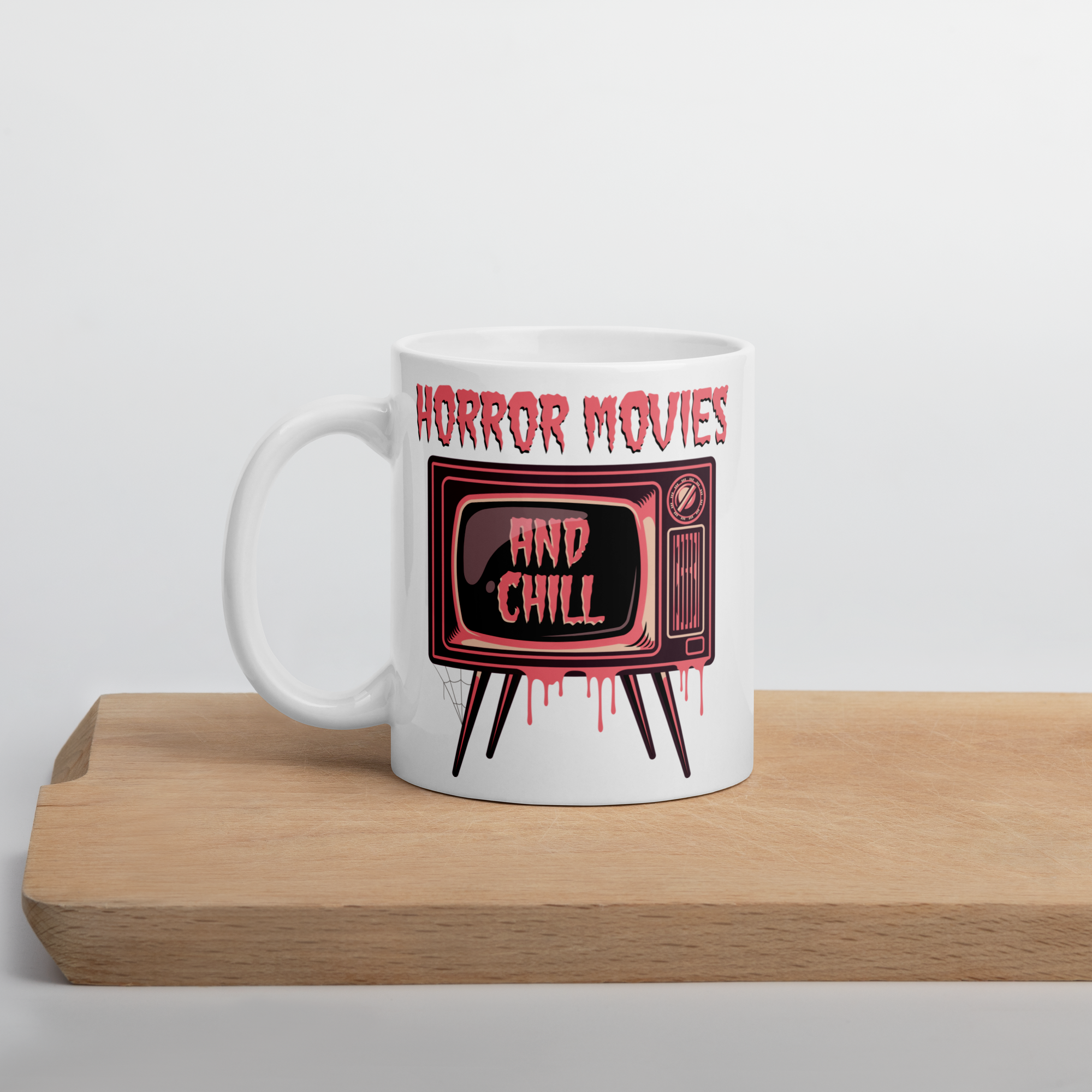 Horror Movies And Chill Retro Television Halloween Print Glossy Coffee Mug