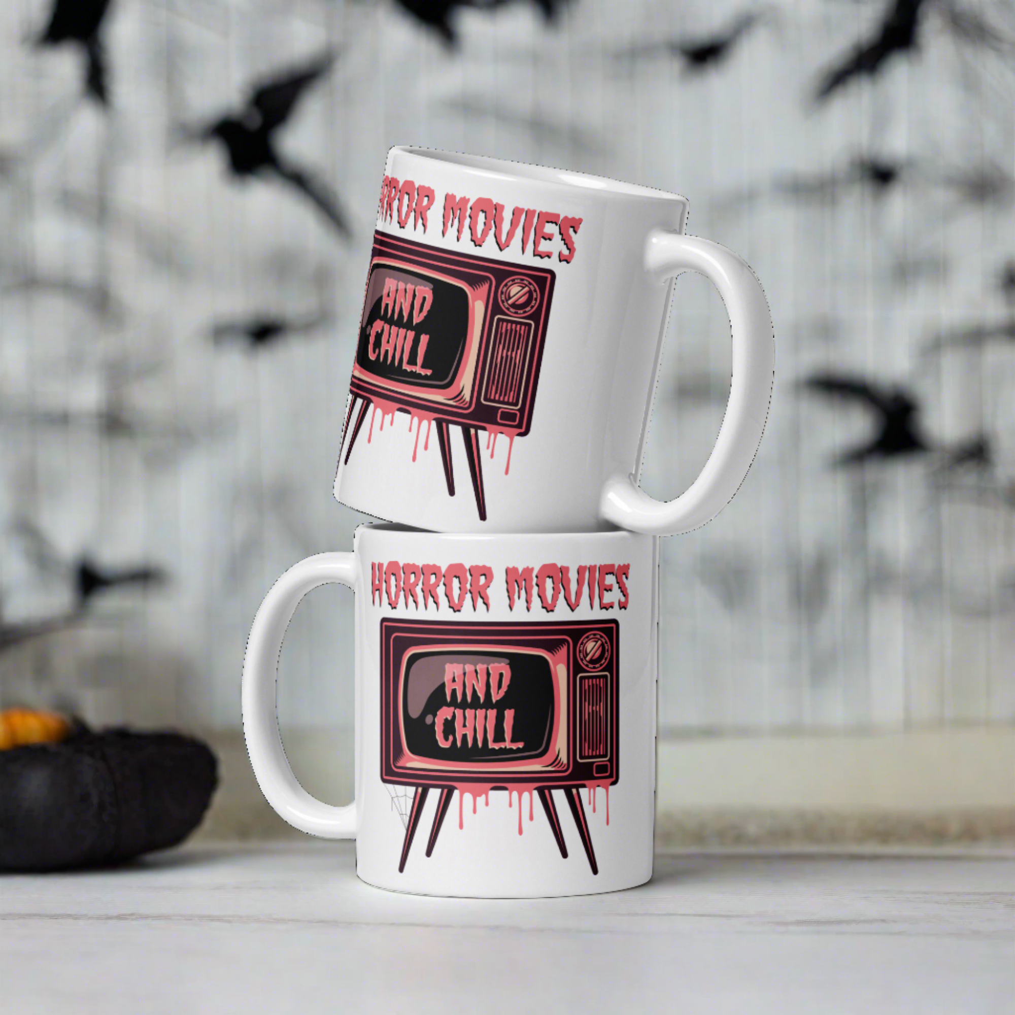 Horror Movies And Chill Retro Television Halloween Print Glossy Coffee Mug