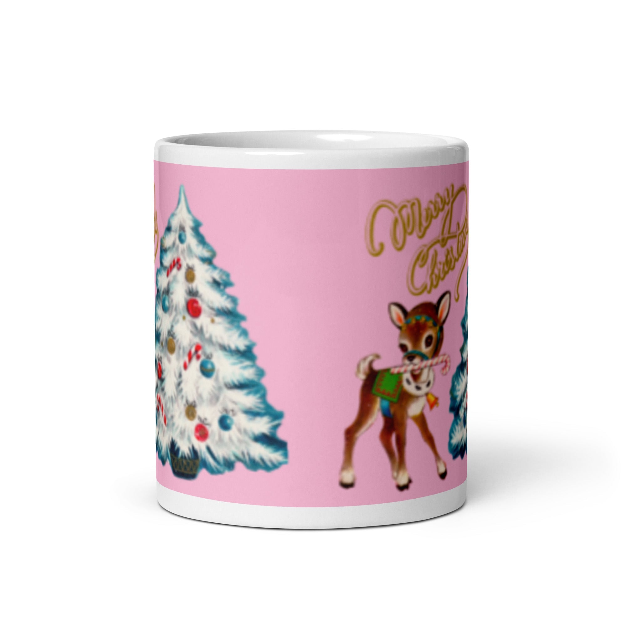 Merry Christmas Reindeer Mug White Teal Tree Pink Mid Century Retro Glossy Coffee Mug