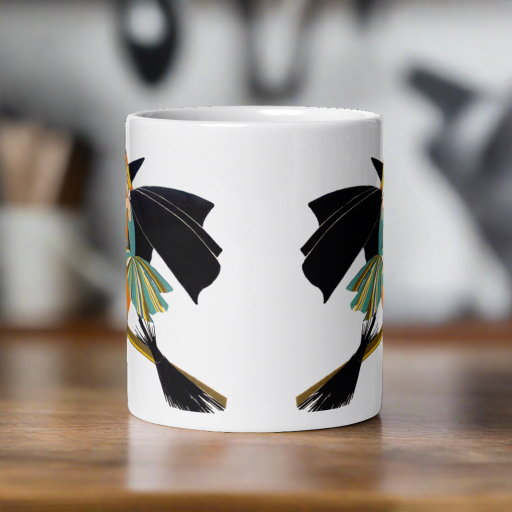Flying Flapper Witch On Broom Orange Moon Retro Halloween Print Glossy Mug