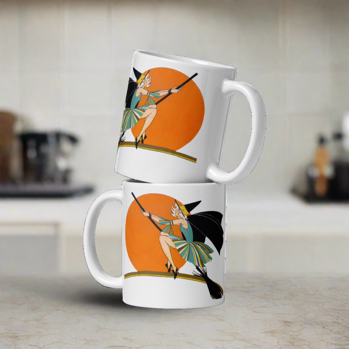 Flying Flapper Witch On Broom Orange Moon Retro Halloween Print Glossy Mug