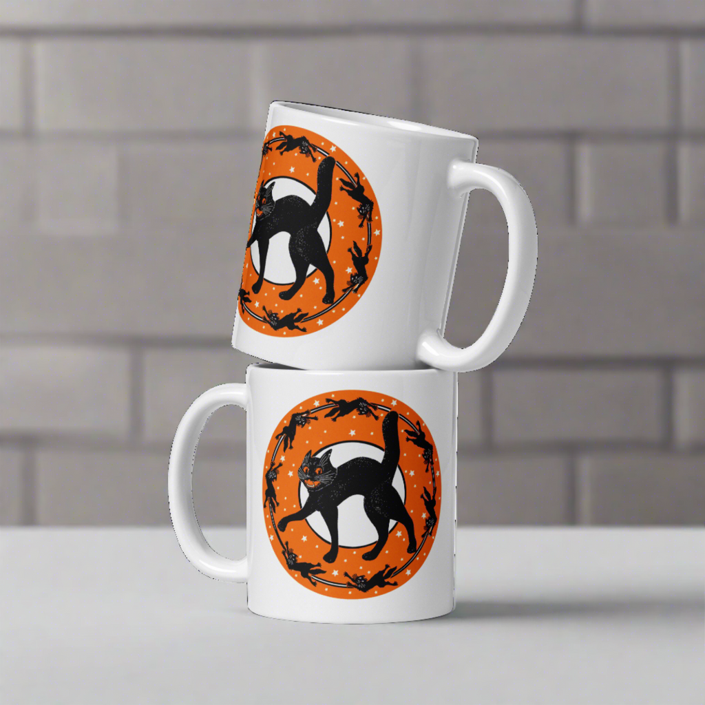 Black Cats Full Moon Retro Vintage Halloween Glossy Coffee Mug