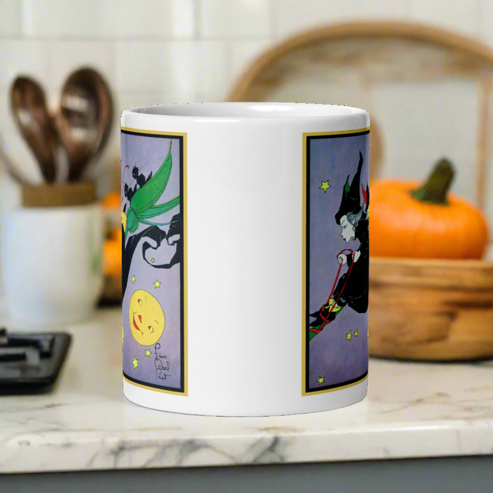 Witch Black Cats Broomride Retro Vintage Fern Bisel Peat Halloween Glossy Mug