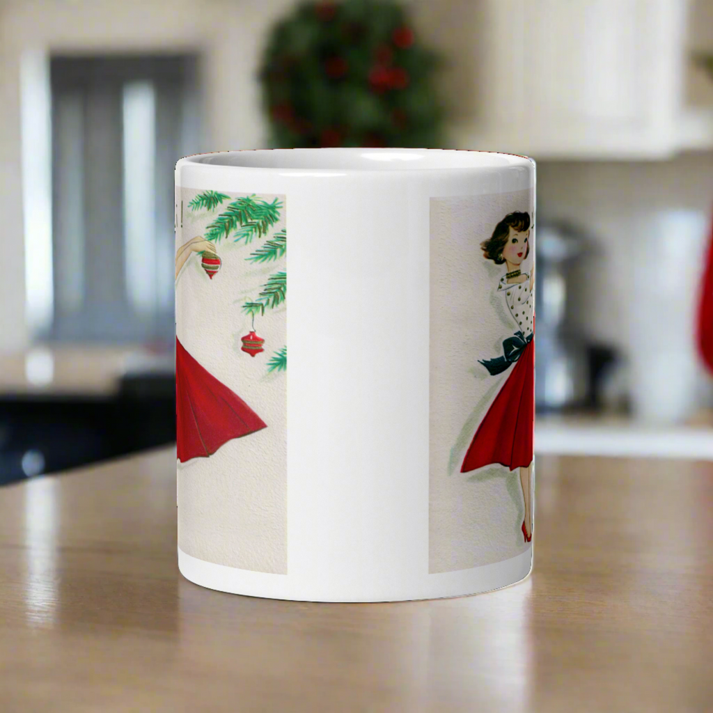 Christmas Lady Decorating Tree Glossy Coffee Mug