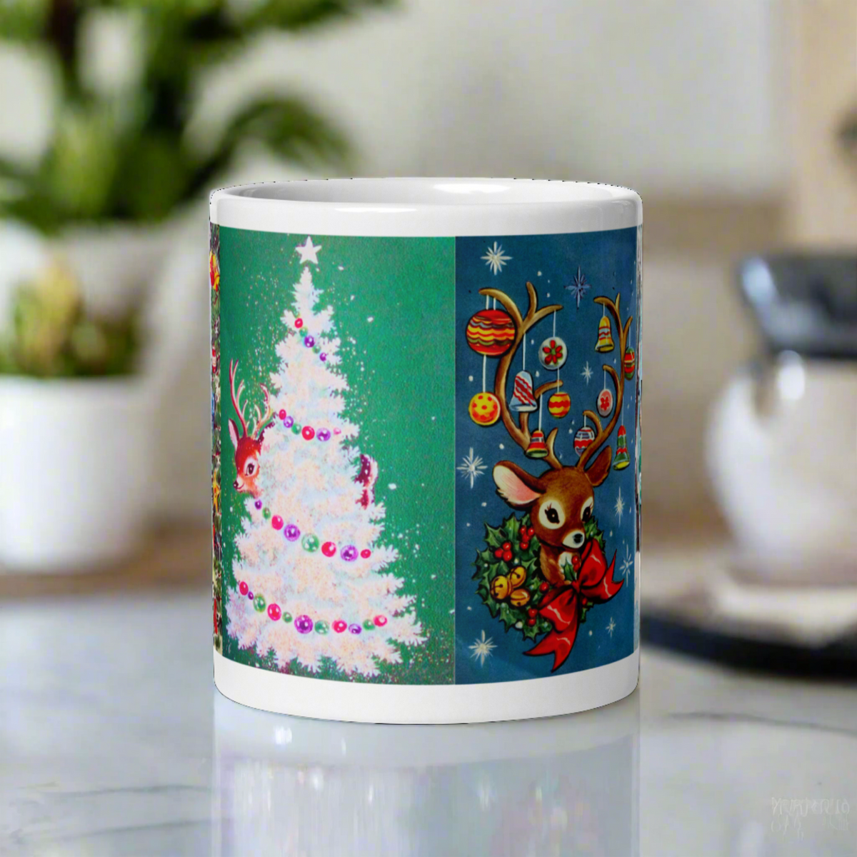 Christmas Mug Reindeer Collage Retro Vintage Glossy Coffee Mug