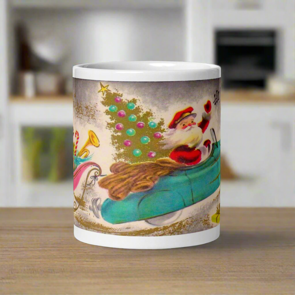 Santa In Convertible Car Midcentury Retro Christmas Glossy Coffee Mug
