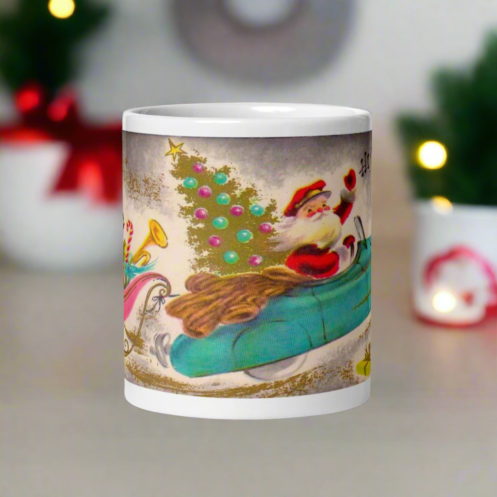 Santa In Convertible Car Midcentury Retro Christmas Glossy Coffee Mug