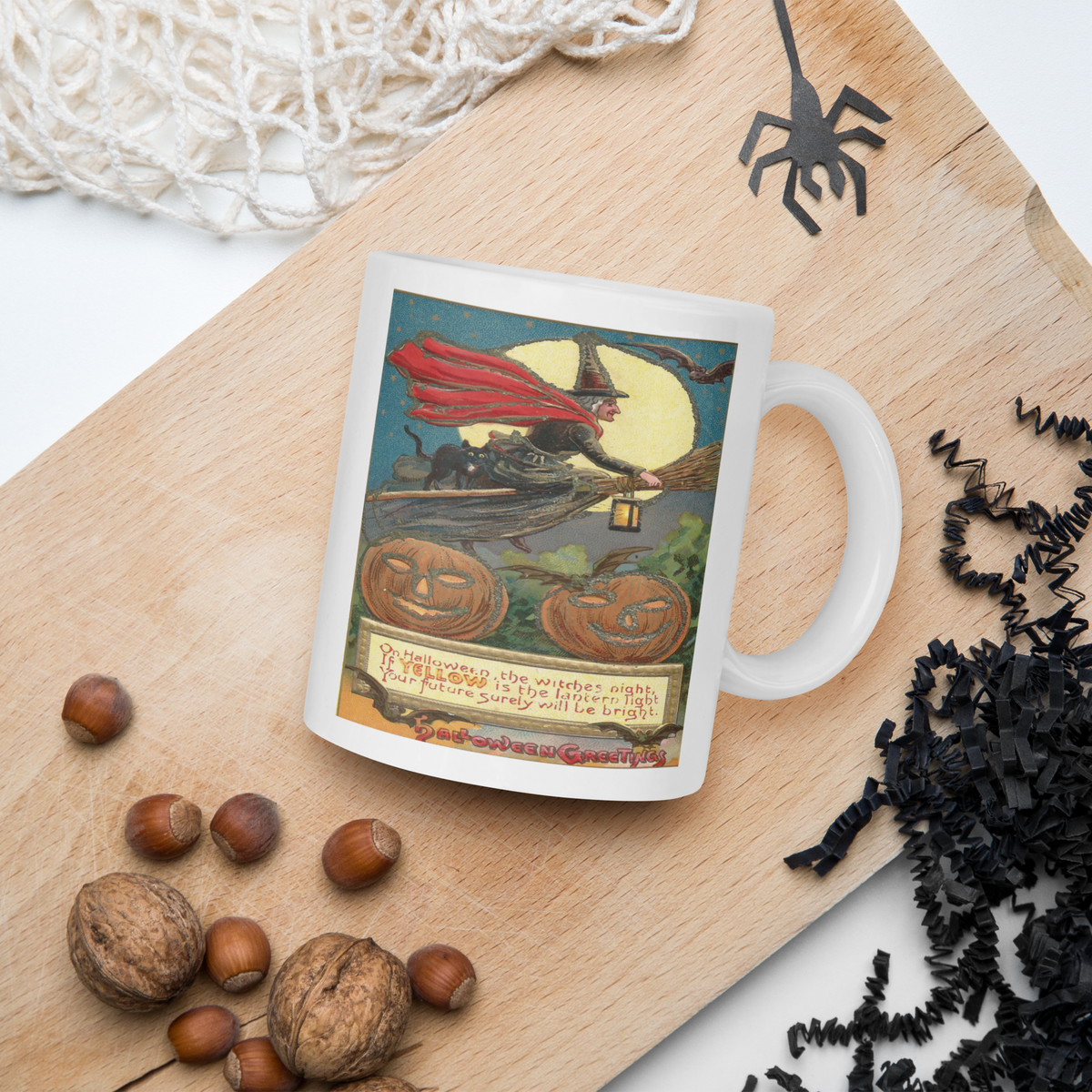Victorian Witch Black Cat Retro Vintage Art Halloween Glossy Coffee Mug