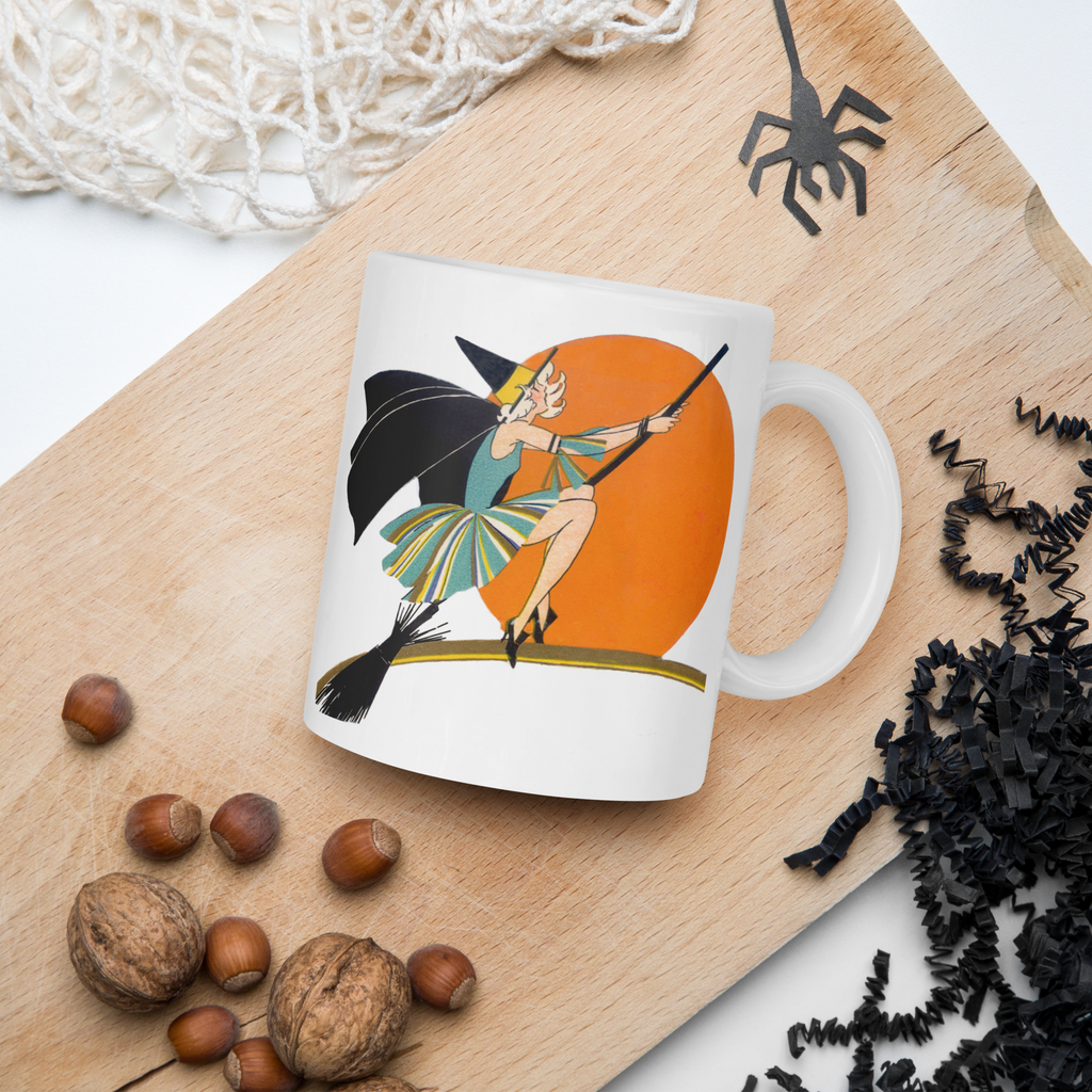 Flying Flapper Witch On Broom Orange Moon Retro Halloween Print Glossy Mug