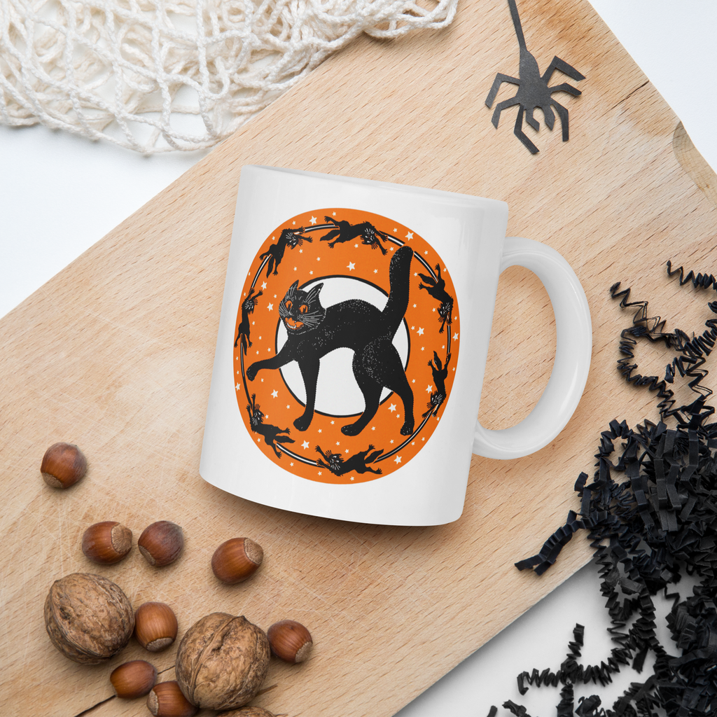Black Cats Full Moon Retro Vintage Halloween Glossy Coffee Mug