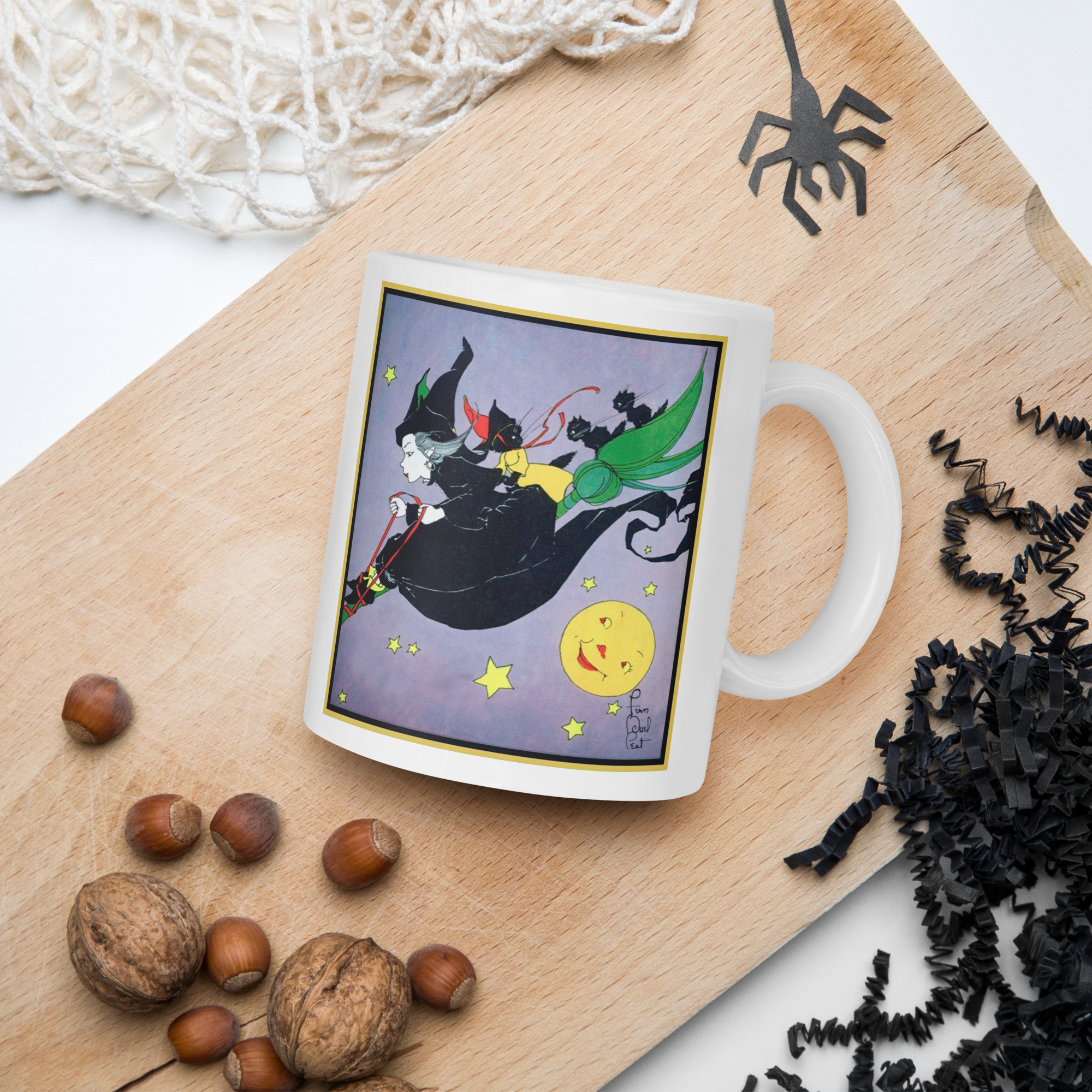 Witch Black Cats Broomride Retro Vintage Fern Bisel Peat Halloween Glossy Mug
