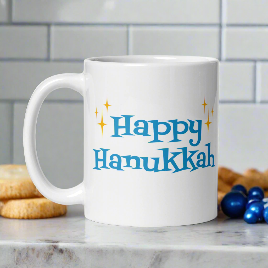 Happy Hanukkah Starburst Atomic Mid Century Glossy Coffee Mug