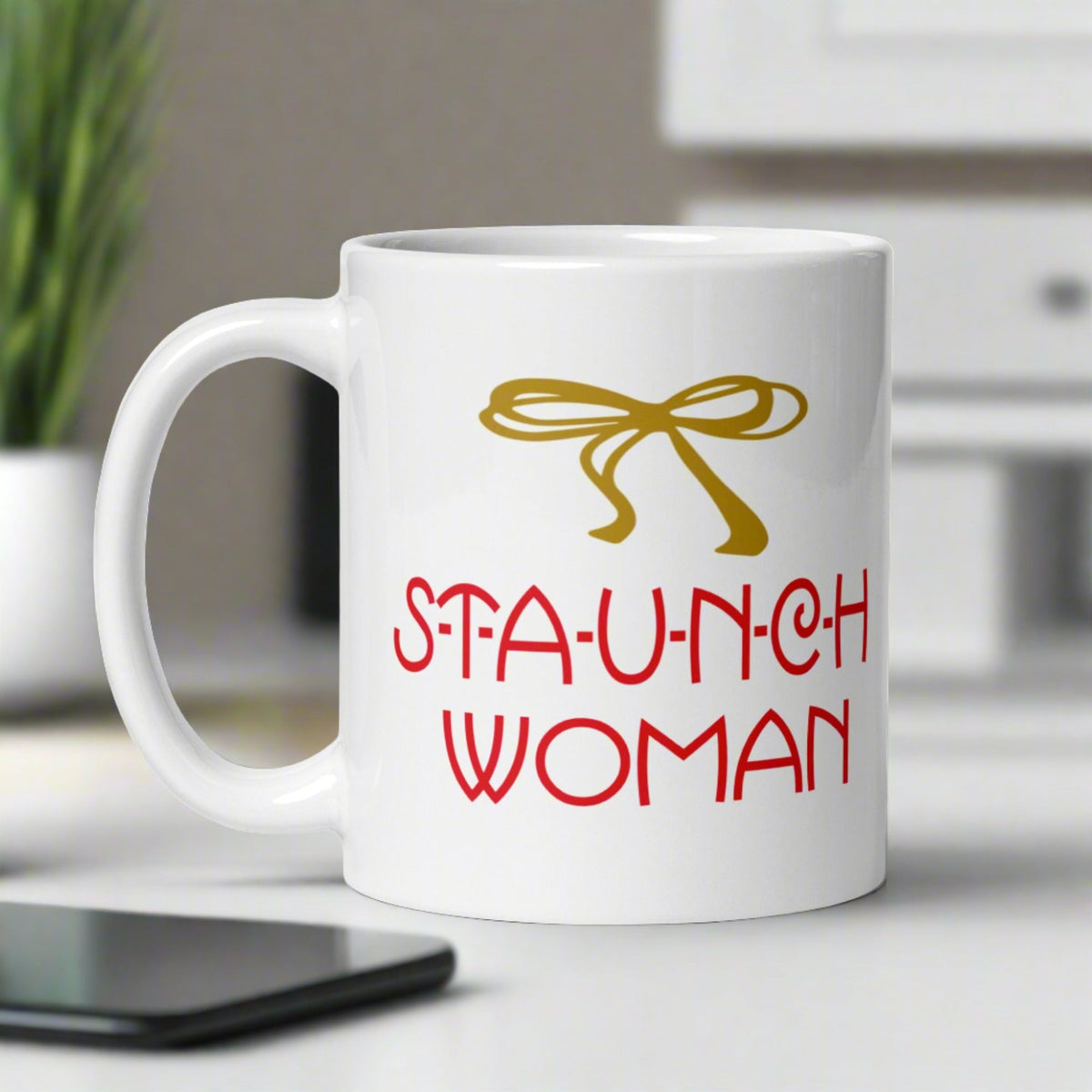 Little Edie Gold Bow Staunch Woman White Glossy Mug