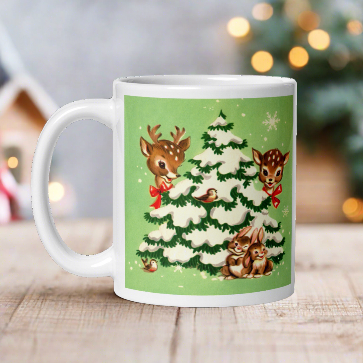 Reindeer In Snowy Tree With Bunnies And Birds Green Mid Century Retro Christmas Print Glossy Mug
