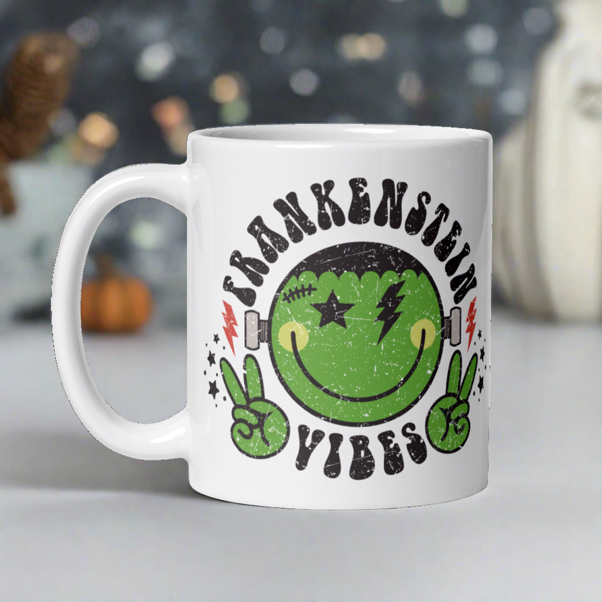 Frankenstein Vibes Distressed Style Halloween Glossy Coffee Mug