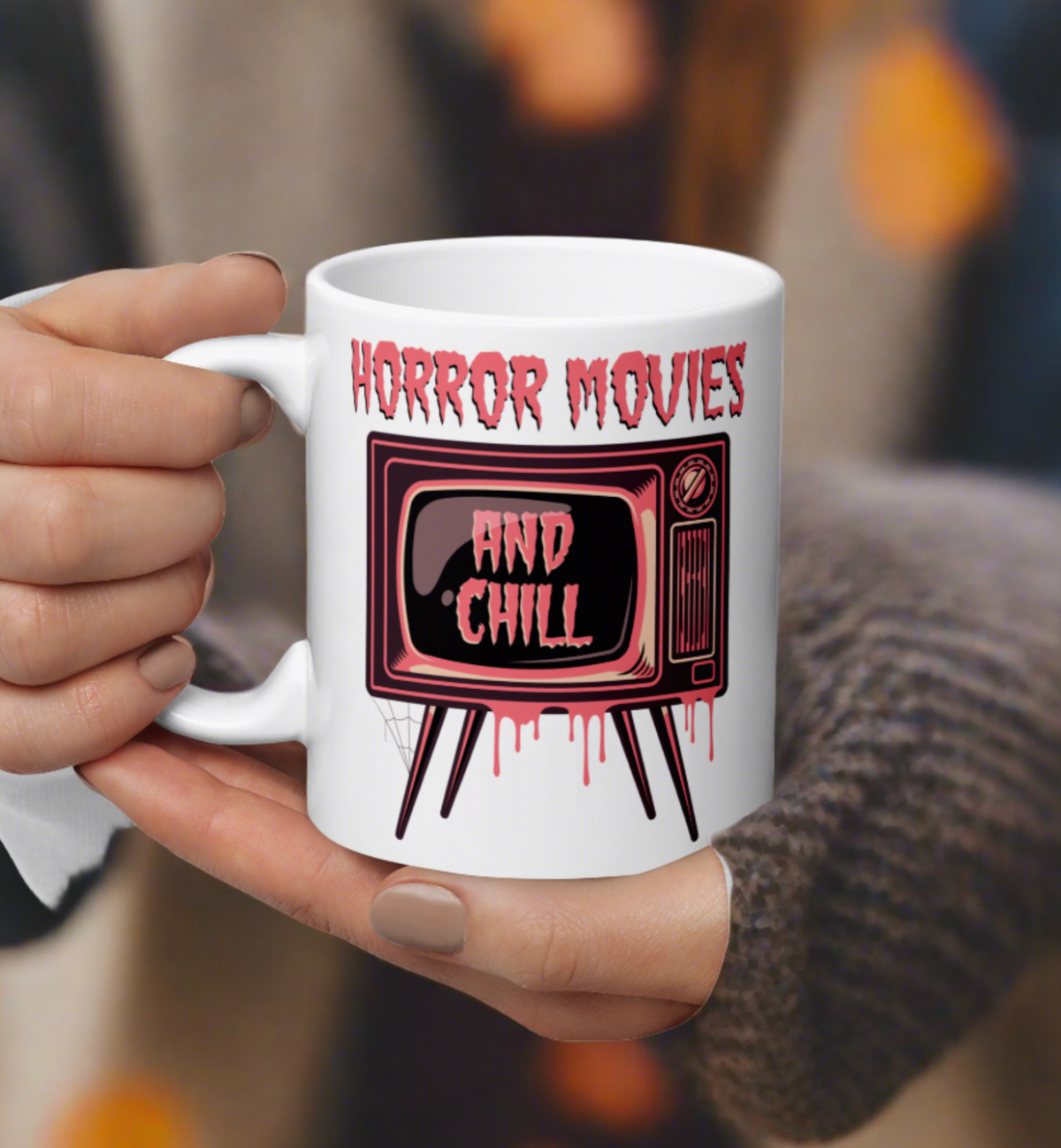 Horror Movies And Chill Retro Television Halloween Print Glossy Coffee Mug