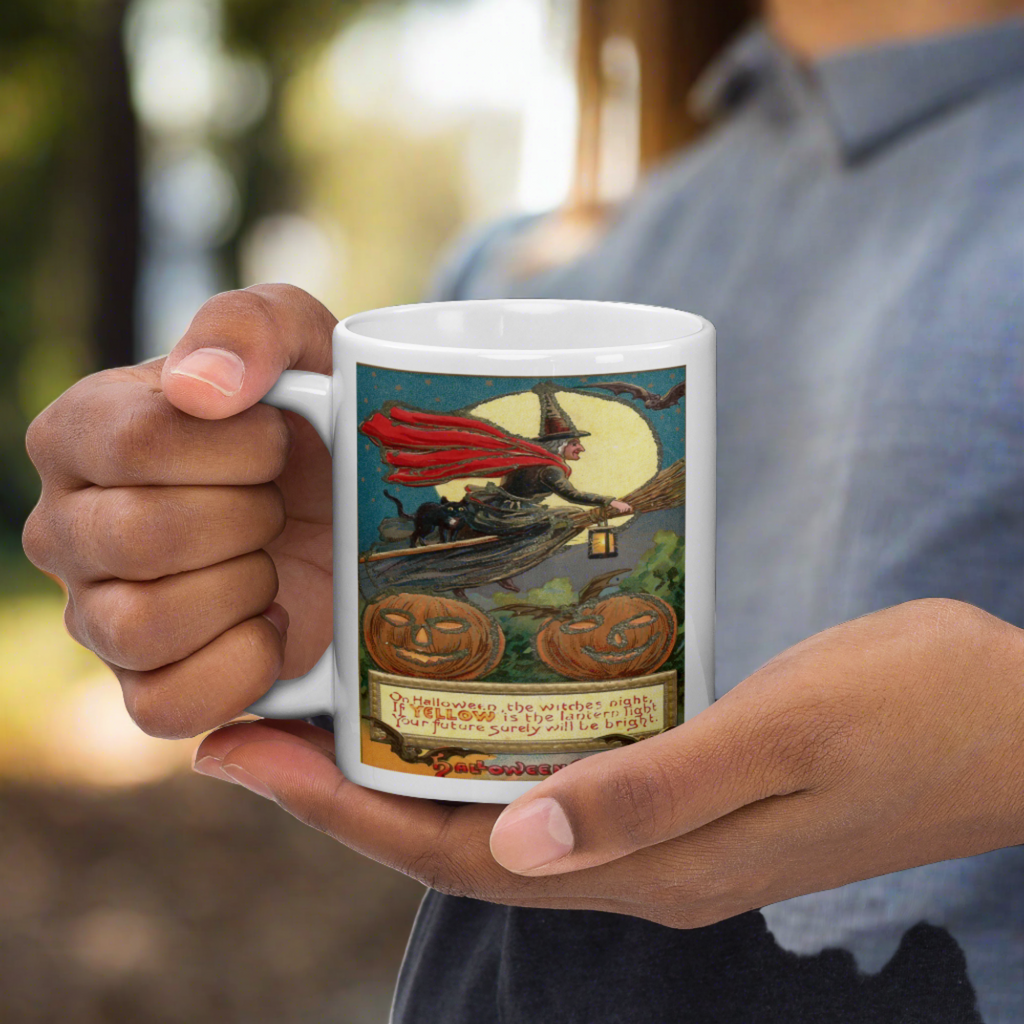 Victorian Witch Black Cat Retro Vintage Art Halloween Glossy Coffee Mug