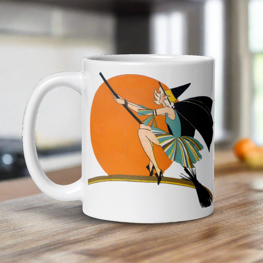 Flying Flapper Witch On Broom Orange Moon Retro Halloween Print Glossy Mug