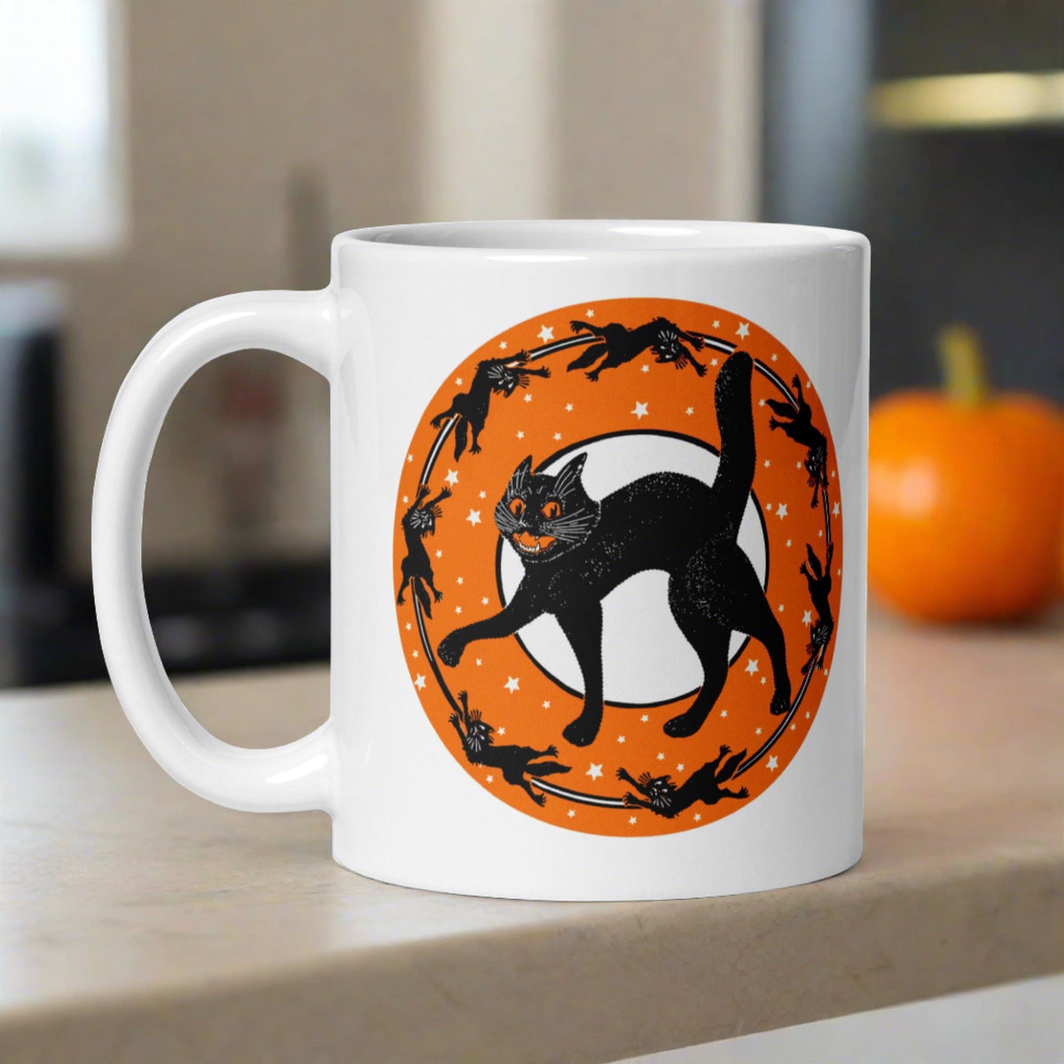 Black Cats Full Moon Retro Vintage Halloween Glossy Coffee Mug