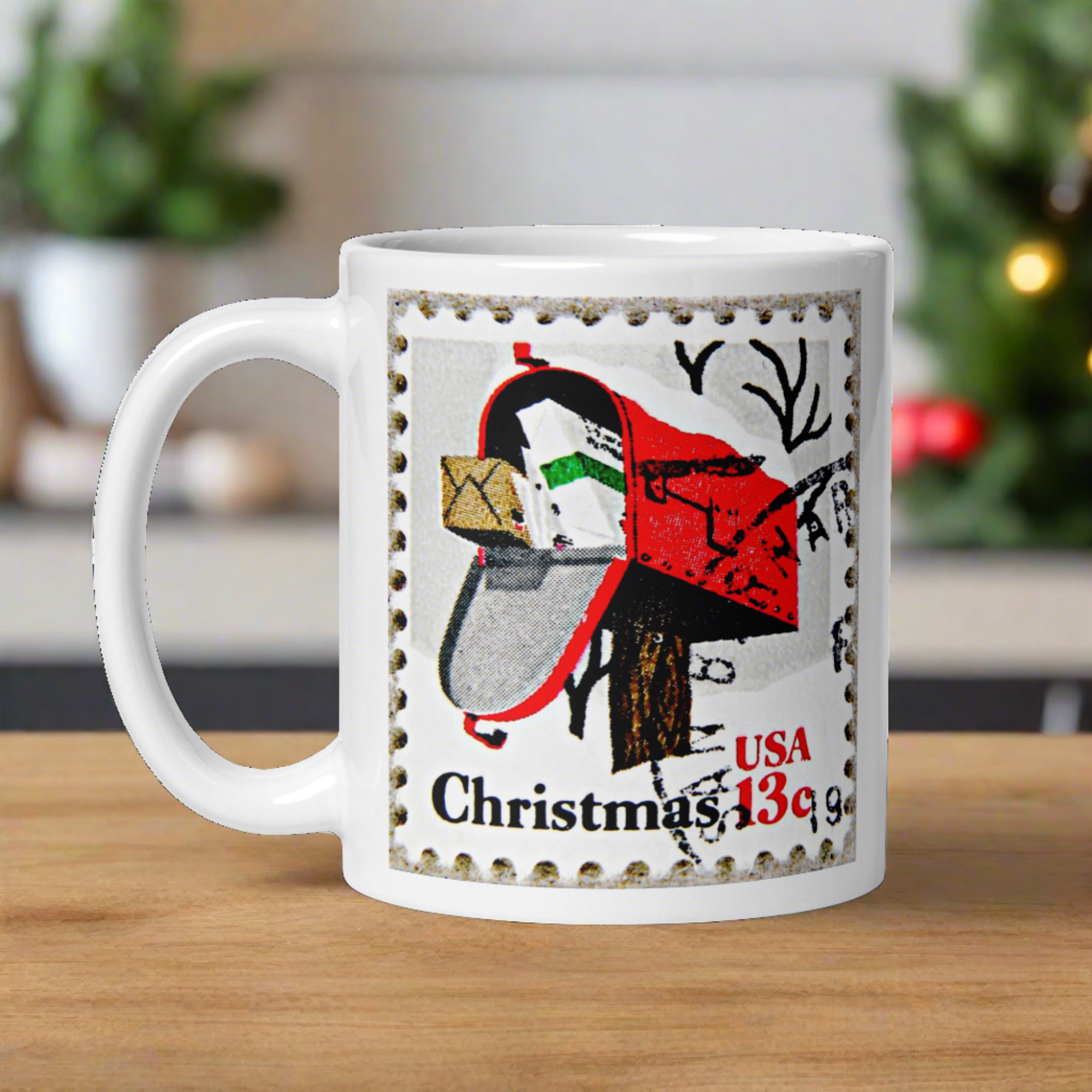 Christmas Stamp Mailbox Retro Christmas Print Glossy Mug