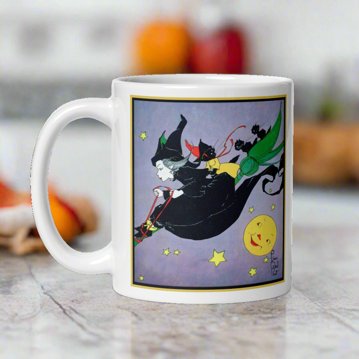 Witch Black Cats Broomride Retro Vintage Fern Bisel Peat Halloween Glossy Mug