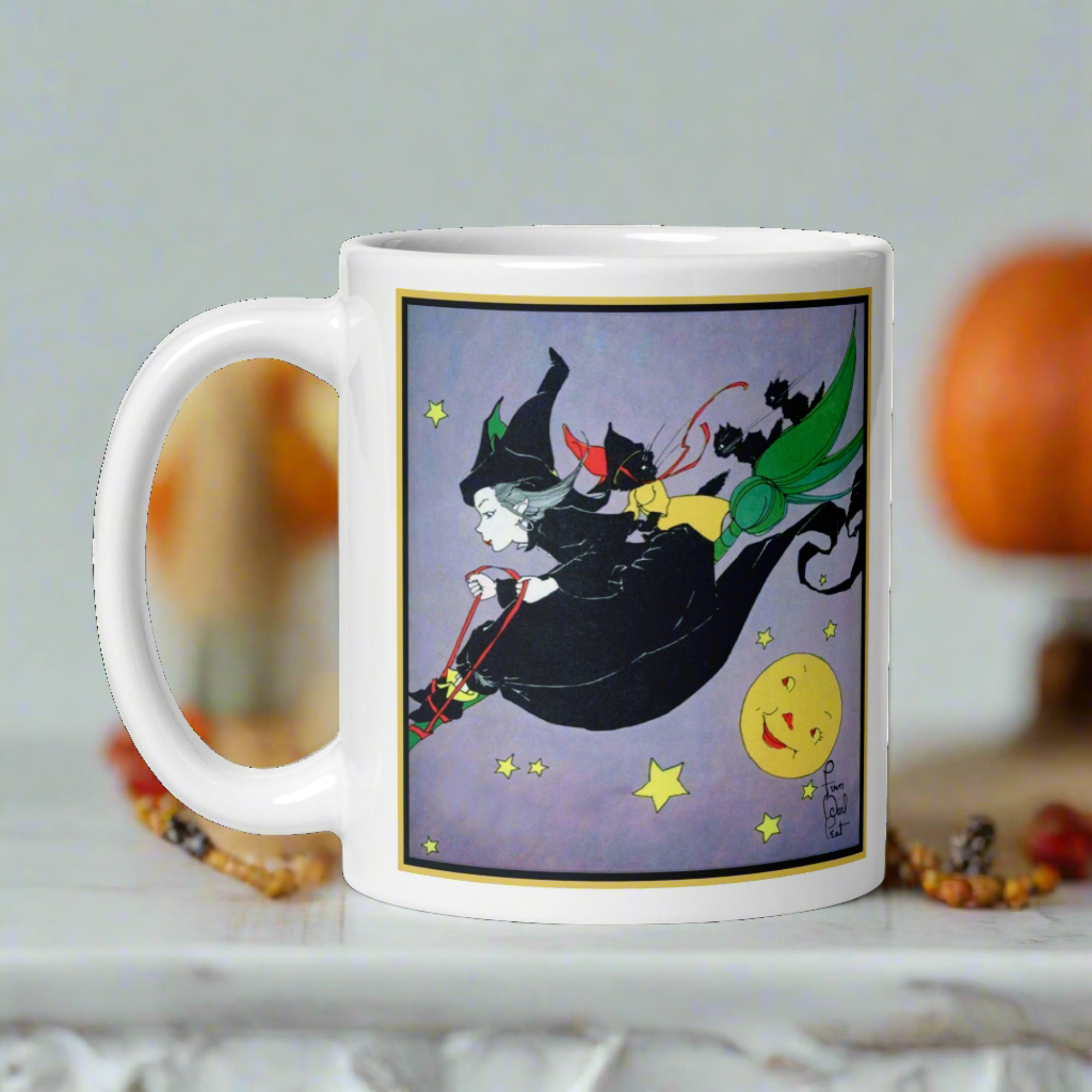 Witch Black Cats Broomride Retro Vintage Fern Bisel Peat Halloween Glossy Mug