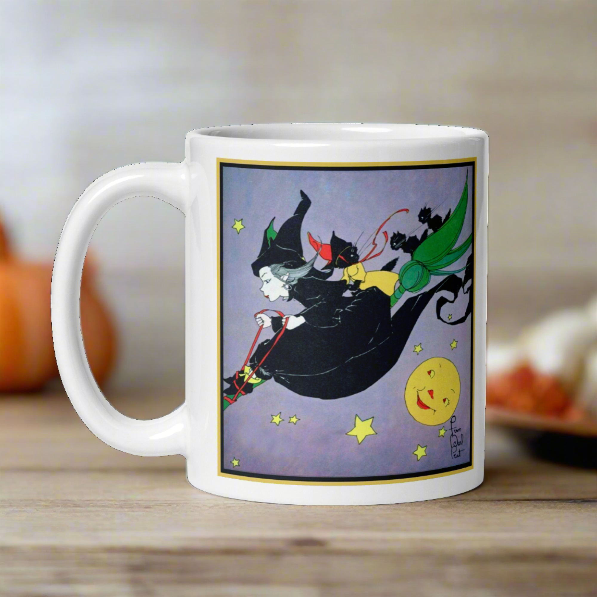 Witch Black Cats Broomride Retro Vintage Fern Bisel Peat Halloween Glossy Mug